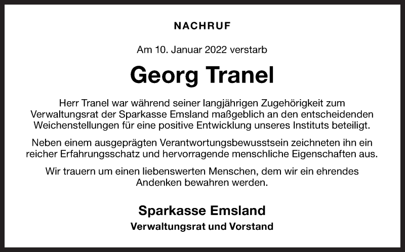  Traueranzeige für Georg Tranel vom 18.01.2022 aus Neue Osnabrücker Zeitung GmbH & Co. KG