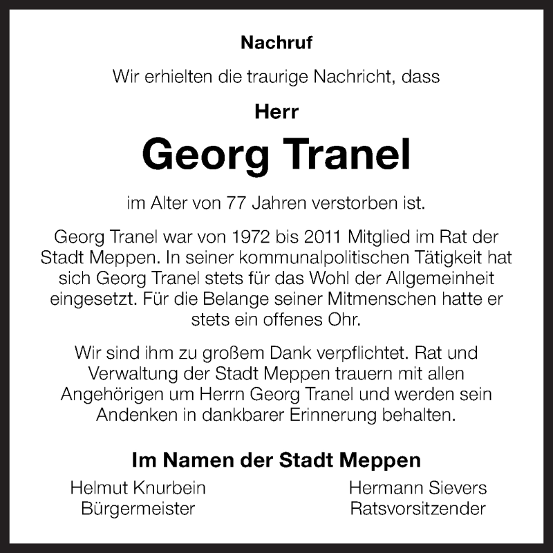 Traueranzeige für Georg Tranel vom 15.01.2022 aus Neue Osnabrücker Zeitung GmbH & Co. KG
