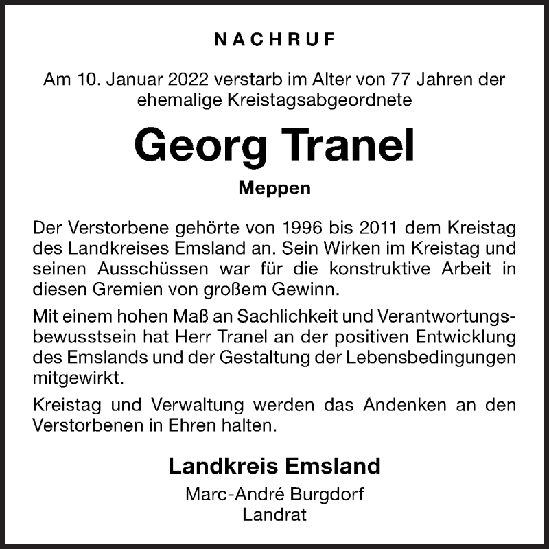  Traueranzeige für Georg Tranel vom 15.01.2022 aus Neue Osnabrücker Zeitung GmbH & Co. KG
