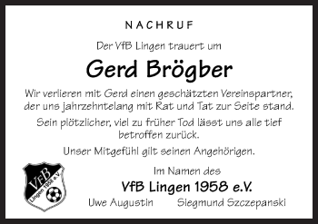Traueranzeige von Gerd Brögber von Neue Osnabrücker Zeitung GmbH & Co. KG