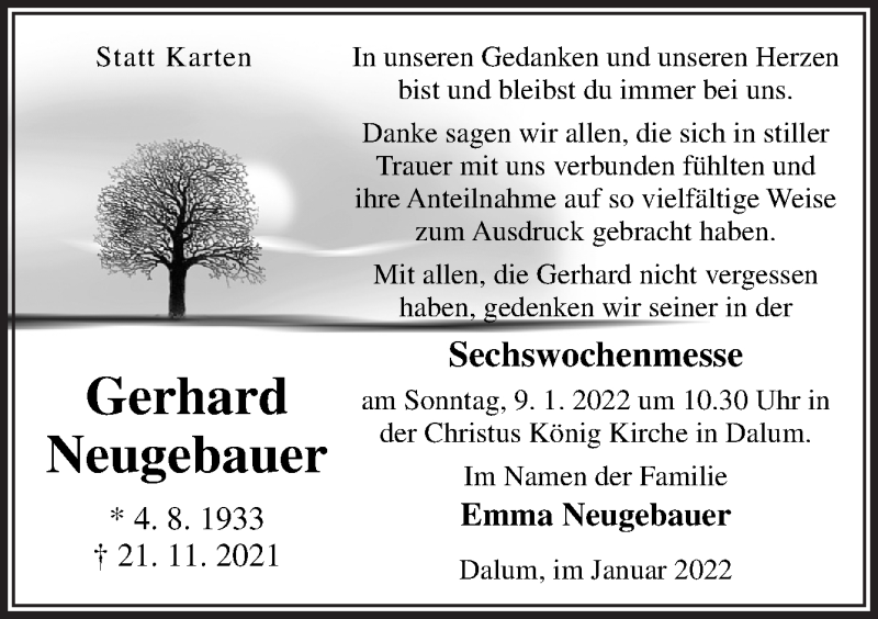  Traueranzeige für Gerhard Neugebauer vom 06.01.2022 aus Neue Osnabrücker Zeitung GmbH & Co. KG