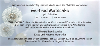 Traueranzeige von Gertrud Matschke von Neue Osnabrücker Zeitung GmbH & Co. KG
