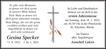 Traueranzeige von Gesina Specker von Neue Osnabrücker Zeitung GmbH & Co. KG