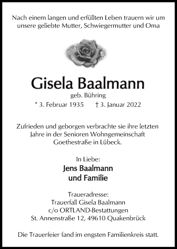 Traueranzeige von Gisela Baalmann von Neue Osnabrücker Zeitung GmbH & Co. KG