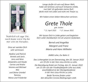 Traueranzeige von Grete Thole von Neue Osnabrücker Zeitung GmbH & Co. KG
