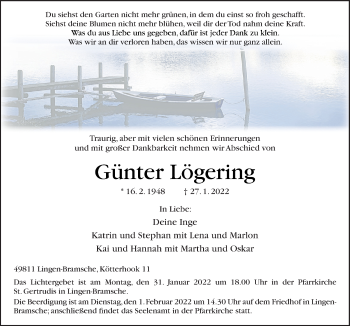 Traueranzeige von Günter Lögering von Neue Osnabrücker Zeitung GmbH & Co. KG