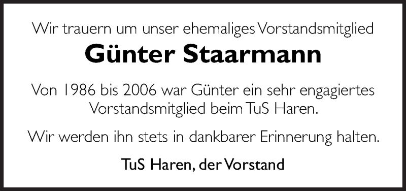  Traueranzeige für Günter Staarmann vom 20.01.2022 aus Neue Osnabrücker Zeitung GmbH & Co. KG
