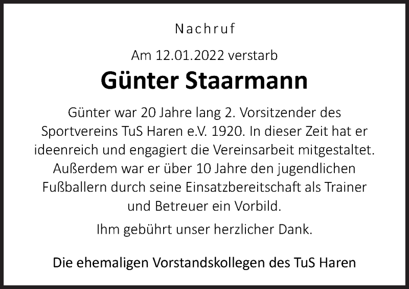  Traueranzeige für Günter Staarmann vom 20.01.2022 aus Neue Osnabrücker Zeitung GmbH & Co. KG