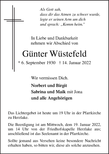 Traueranzeige von Günter Wüstefeld von Neue Osnabrücker Zeitung GmbH & Co. KG