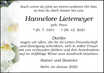 Traueranzeige von Hannelore Lietemeyer von Neue Osnabrücker Zeitung GmbH & Co. KG