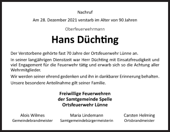 Traueranzeige von Hans Düchting von Neue Osnabrücker Zeitung GmbH & Co. KG