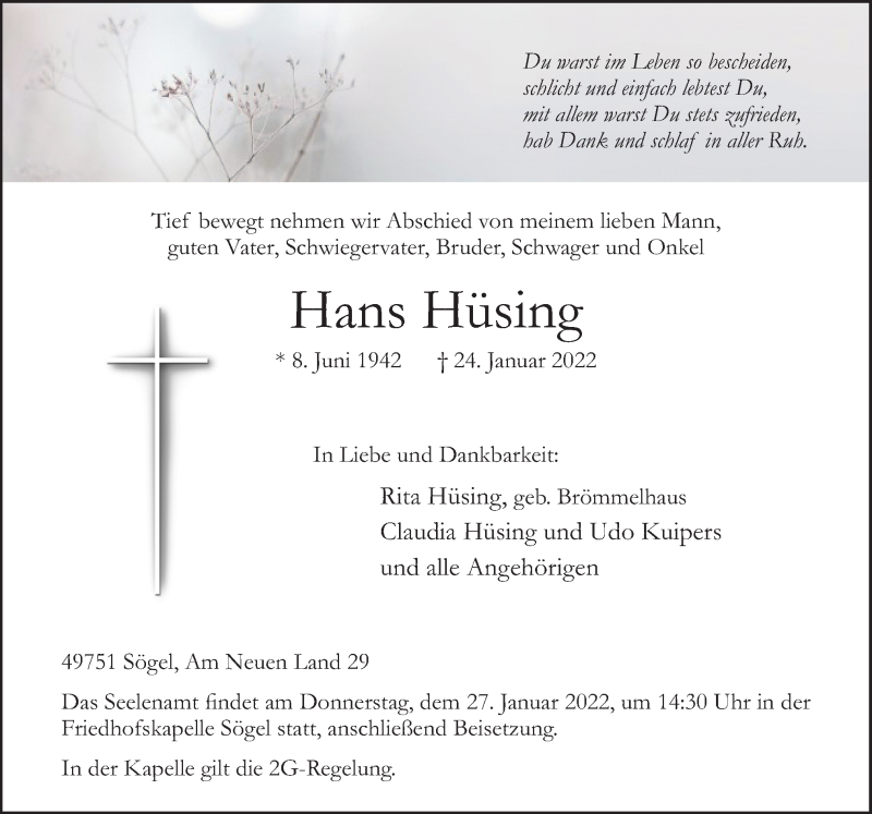  Traueranzeige für Hans Hüsing vom 26.01.2022 aus Neue Osnabrücker Zeitung GmbH & Co. KG
