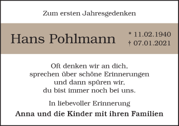 Traueranzeige von Hans Pohlmann von Neue Osnabrücker Zeitung GmbH & Co. KG