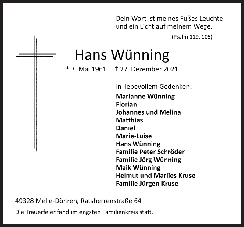  Traueranzeige für Hans Wünning vom 03.01.2022 aus Neue Osnabrücker Zeitung GmbH & Co. KG