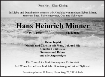 Traueranzeige von Hans Heinrich Minner von Neue Osnabrücker Zeitung GmbH & Co. KG