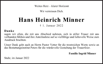 Traueranzeige von Hans Heinrich Minner von Neue Osnabrücker Zeitung GmbH & Co. KG