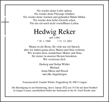 Traueranzeige von Hedwig Reker von Neue Osnabrücker Zeitung GmbH & Co. KG