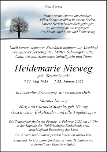 Traueranzeige von Heidemarie Nieweg von Neue Osnabrücker Zeitung GmbH & Co. KG