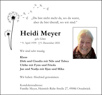 Traueranzeige von Heidi Meyer von Neue Osnabrücker Zeitung GmbH & Co. KG