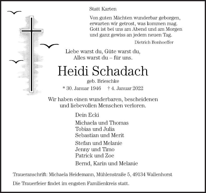  Traueranzeige für Heidi Schadach vom 08.01.2022 aus Neue Osnabrücker Zeitung GmbH & Co. KG