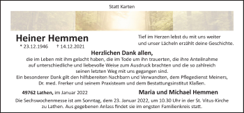 Traueranzeige von Heiner Hemmen von Neue Osnabrücker Zeitung GmbH & Co. KG