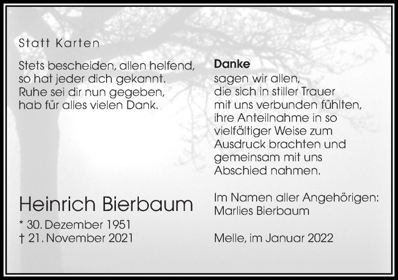  Traueranzeige für Heinrich Bierbaum vom 15.01.2022 aus Neue Osnabrücker Zeitung GmbH & Co. KG