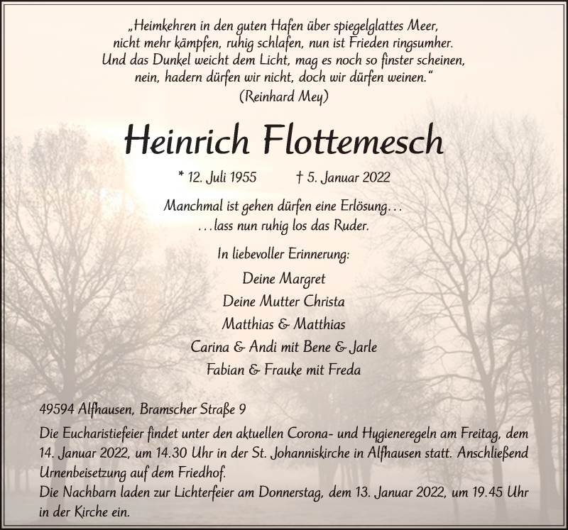  Traueranzeige für Heinrich Flottemesch vom 08.01.2022 aus Neue Osnabrücker Zeitung GmbH & Co. KG
