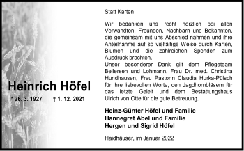 Traueranzeige von Heinrich Höfel von Neue Osnabrücker Zeitung GmbH & Co. KG