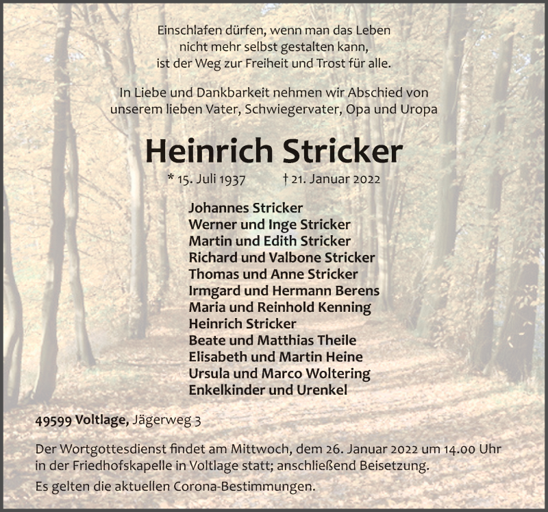  Traueranzeige für Heinrich Stricker vom 24.01.2022 aus Neue Osnabrücker Zeitung GmbH & Co. KG