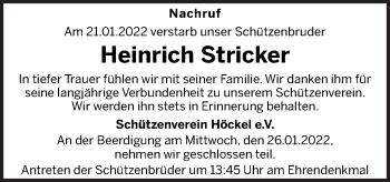Traueranzeige von Heinrich Stricker von Neue Osnabrücker Zeitung GmbH & Co. KG
