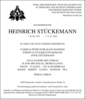 Traueranzeige von Heinrich Stückemann von Neue Osnabrücker Zeitung GmbH & Co. KG