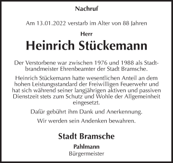 Traueranzeige von Heinrich Stückemann von Neue Osnabrücker Zeitung GmbH & Co. KG