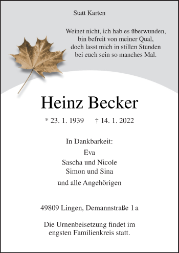 Traueranzeige von Heinz Becker von Neue Osnabrücker Zeitung GmbH & Co. KG