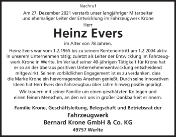 Traueranzeige von Heinz Evers von Neue Osnabrücker Zeitung GmbH & Co. KG