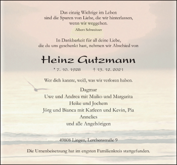 Traueranzeige von Heinz Gutzmann von Neue Osnabrücker Zeitung GmbH & Co. KG