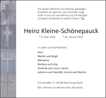 Traueranzeige von Heinz Kleine-Schönepauck von Neue Osnabrücker Zeitung GmbH & Co. KG