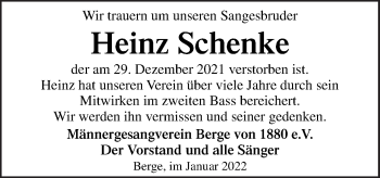 Traueranzeige von Heinz Schenke von Neue Osnabrücker Zeitung GmbH & Co. KG