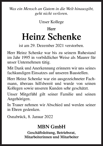 Traueranzeige von Heinz Schenke von Neue Osnabrücker Zeitung GmbH & Co. KG