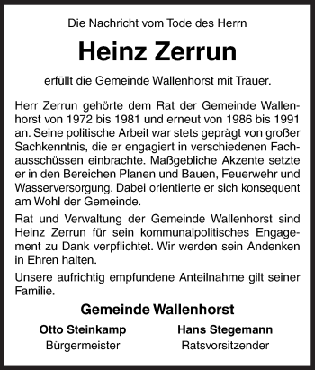 Traueranzeige von Heinz Zerrun von Neue Osnabrücker Zeitung GmbH & Co. KG