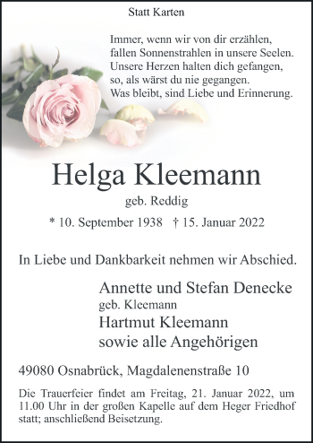 Traueranzeige von Helga Kleemann von Neue Osnabrücker Zeitung GmbH & Co. KG