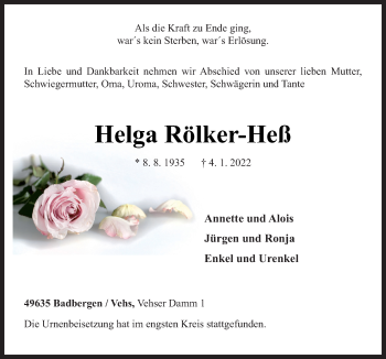 Traueranzeige von Helga Rölker-Heß von Neue Osnabrücker Zeitung GmbH & Co. KG