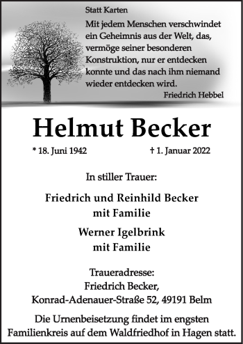 Traueranzeige von Helmut Becker von Neue Osnabrücker Zeitung GmbH & Co. KG