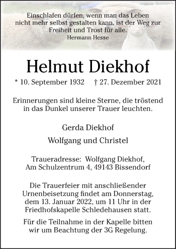 Traueranzeige von Helmut Diekhof von Neue Osnabrücker Zeitung GmbH & Co. KG