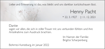 Traueranzeige von Henny Pacht von Neue Osnabrücker Zeitung GmbH & Co. KG