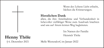 Traueranzeige von Henny Thöle von Neue Osnabrücker Zeitung GmbH & Co. KG