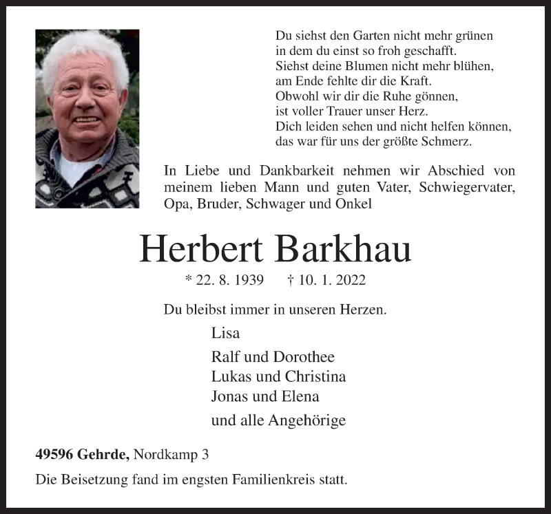 Traueranzeige für Herbert Barkhau vom 17.01.2022 aus Neue Osnabrücker Zeitung GmbH & Co. KG