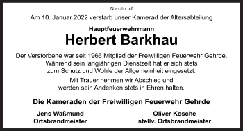 Traueranzeige von Herbert Barkhau von Neue Osnabrücker Zeitung GmbH & Co. KG