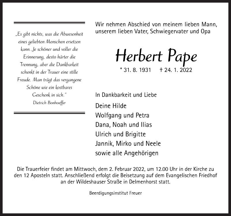  Traueranzeige für Herbert Pape vom 29.01.2022 aus Neue Osnabrücker Zeitung GmbH & Co. KG