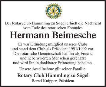 Traueranzeige von Hermann Beimesche von Neue Osnabrücker Zeitung GmbH & Co. KG