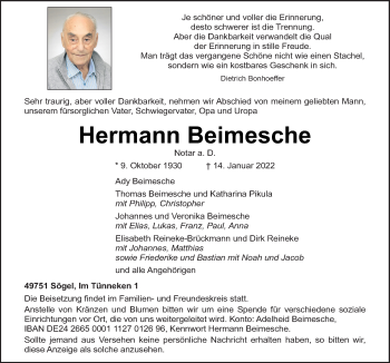 Traueranzeige von Hermann Beimesche von Neue Osnabrücker Zeitung GmbH & Co. KG